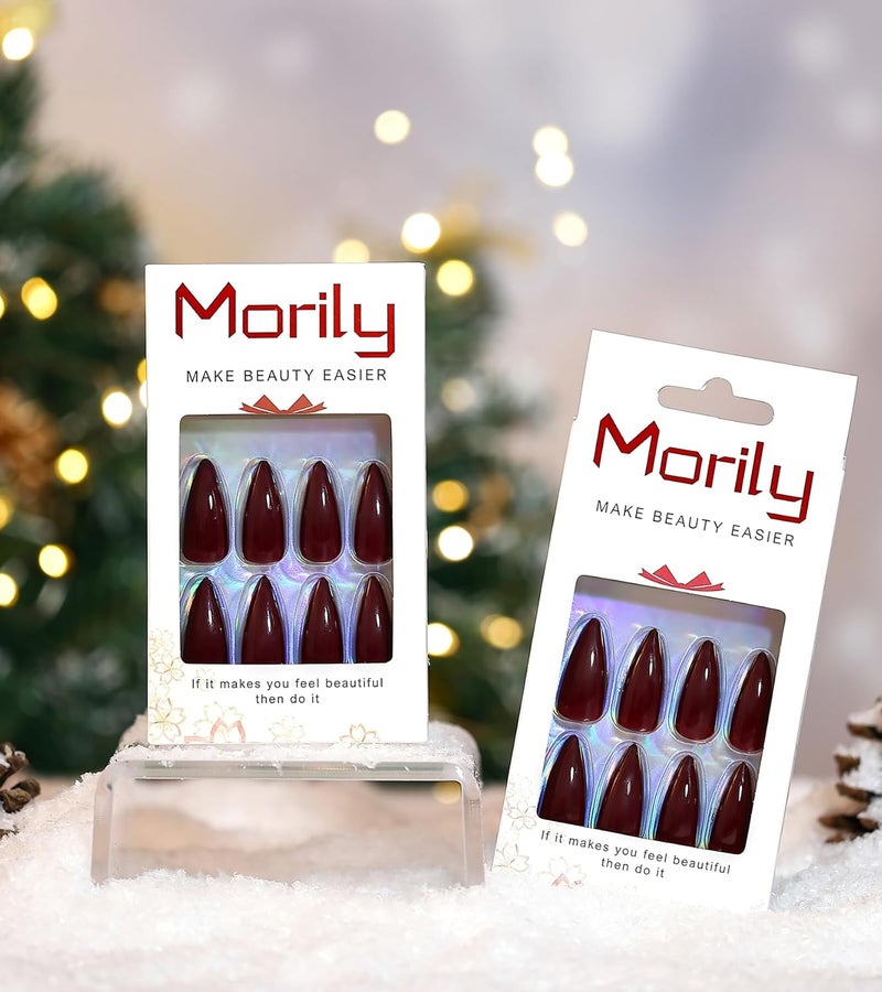 morily 24Pcs Wine Red Press on Nails Medium Length Stiletto False Nails Long Fake nails Glossy Acrylic Stick on Nails Solid Color Almond Full Cover Artificial Nails for Women (Wine Red) - Image 3